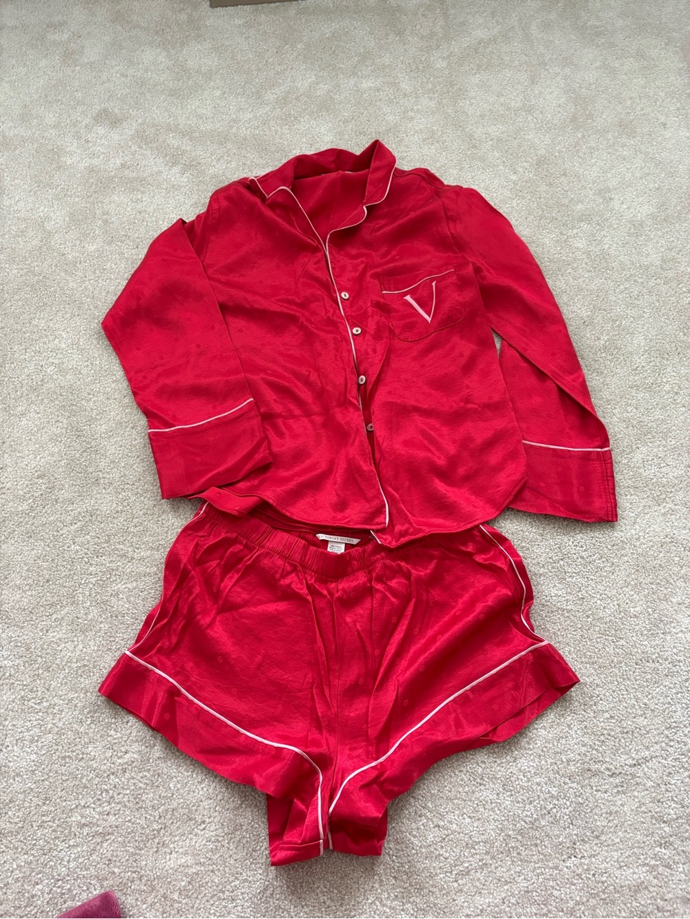 Victoria's Secret Red Satin Pajama Set with White Piping